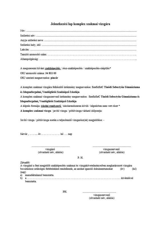 Jelentkezési lap - pincér